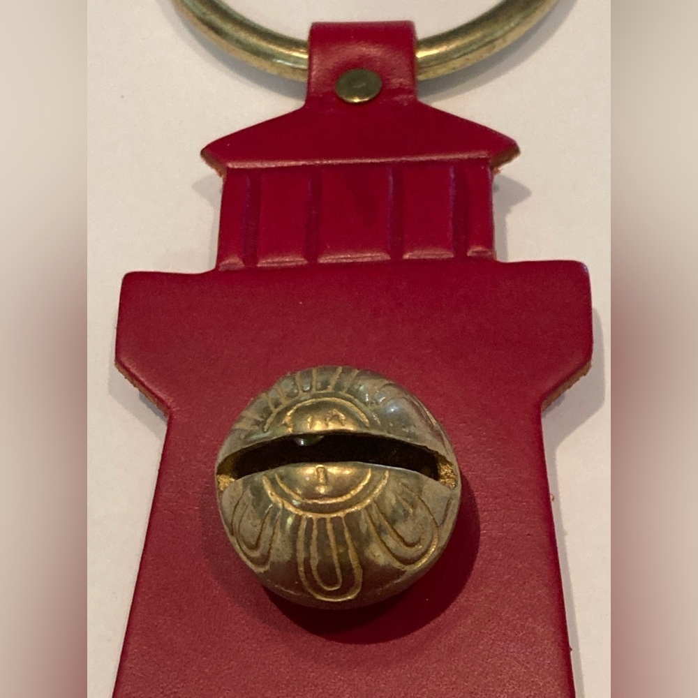 Red Leather Lighthouse Keychain with Brass Bells Door Chime Cottage Core Decor - Picture 2 of 11